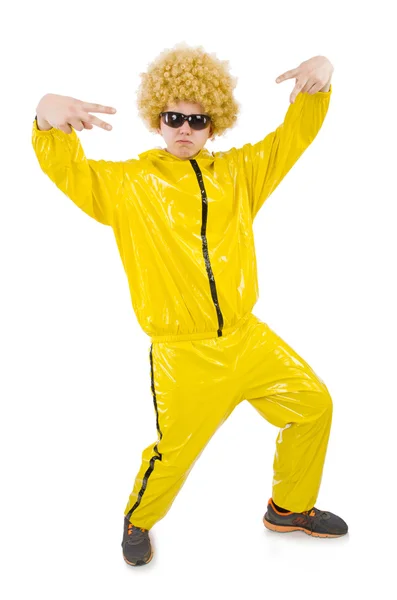 Hombre en traje amarillo aislado en blanco — Foto de Stock