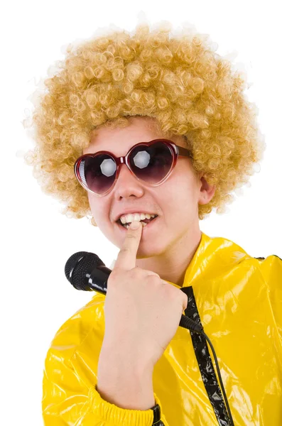 Hombre en traje amarillo aislado en blanco —  Fotos de Stock