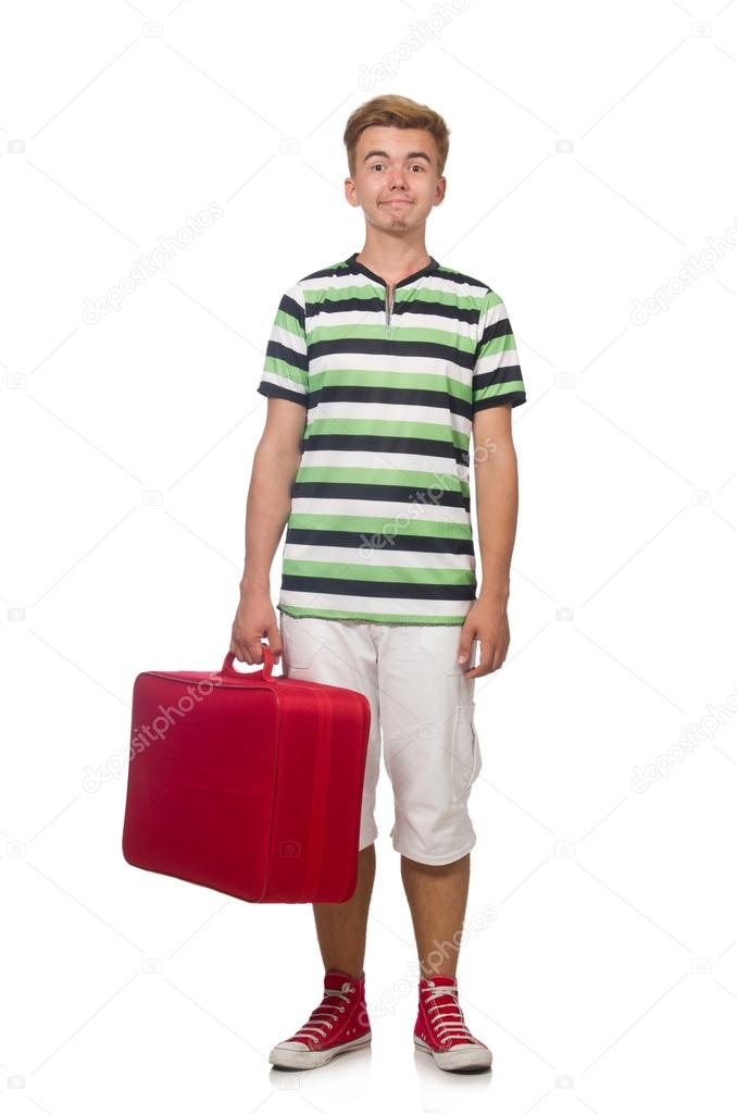 Funny man with suitcase isolated on white