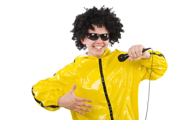 Hombre en traje amarillo aislado en blanco — Foto de Stock