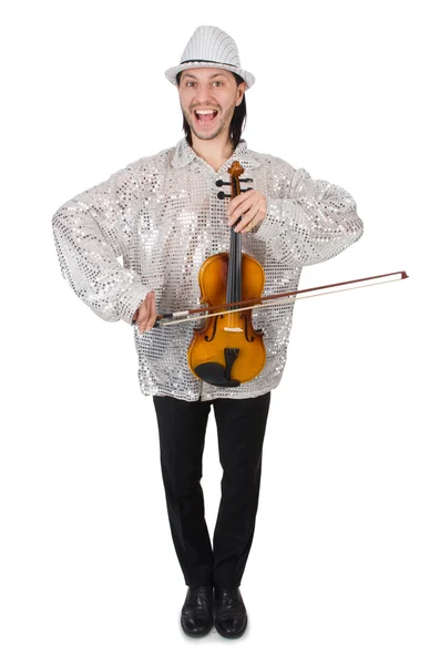 Смешной человек со скрипкой на белом — стоковое фото
