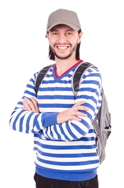 Estudante com mochila isolada no branco — Fotografia de Stock