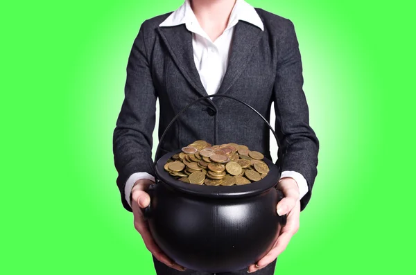 Woman holding pot of gold coins — Stock Photo, Image