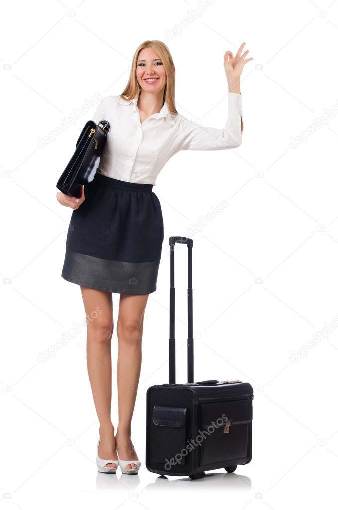 Businesswoman with luggage isolated on the white