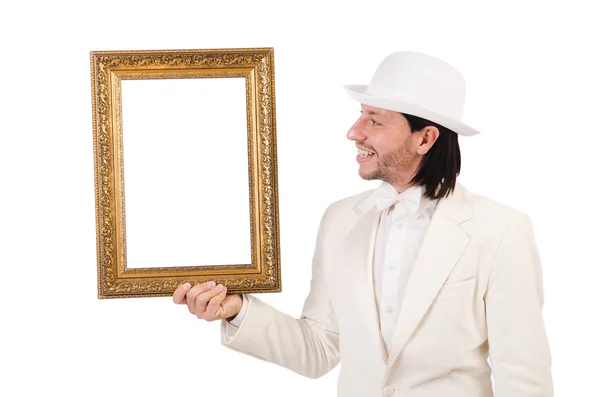 Man in white costume with picture frame — Stock Photo, Image