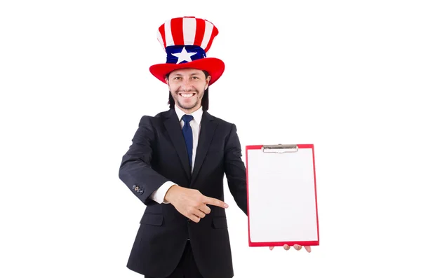 Empresario con sombrero USA con papel sobre blanco —  Fotos de Stock