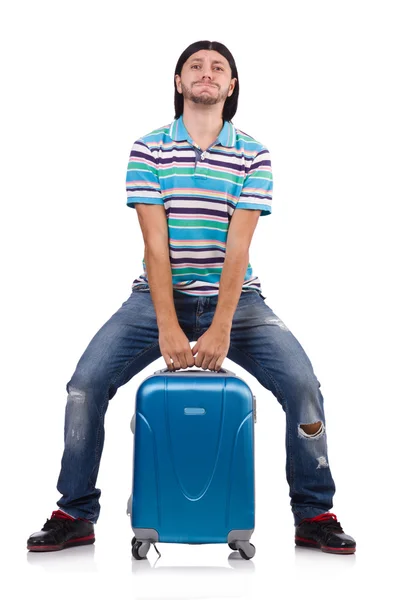 Young man travelling with suitcases isolated on white — Stock Photo, Image