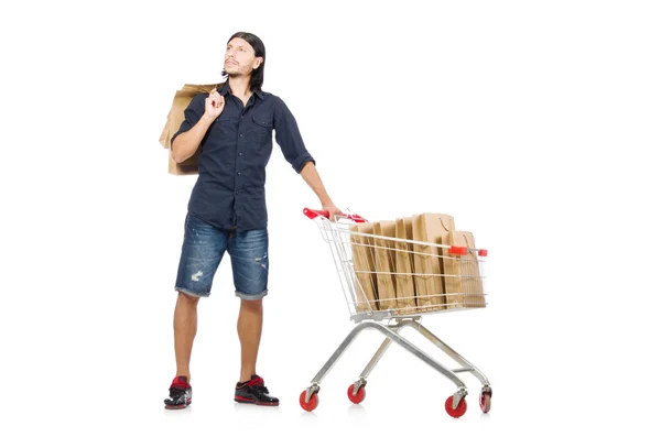 Homem de compras com carrinho de cesta de supermercado isolado em branco — Fotografia de Stock