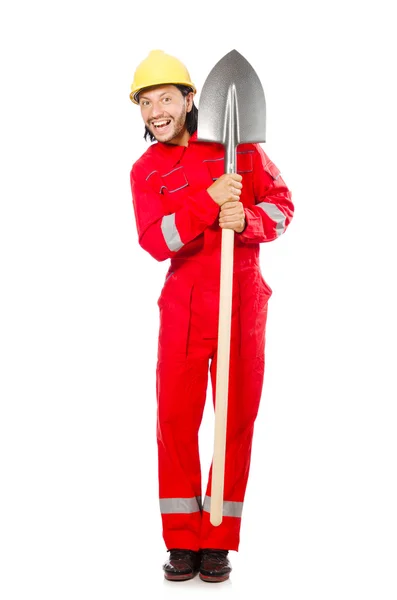 Man in red coveralls with spade — Stock Photo, Image