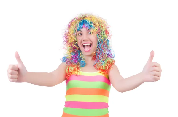 Woman with colourful wig isolated on white — Stock Photo, Image