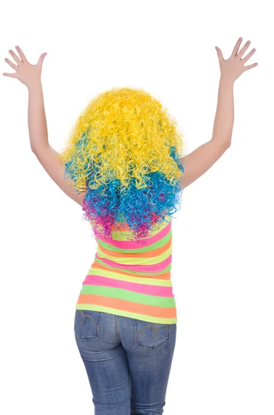 Woman with colourful wig isolated on white — Stock Photo, Image