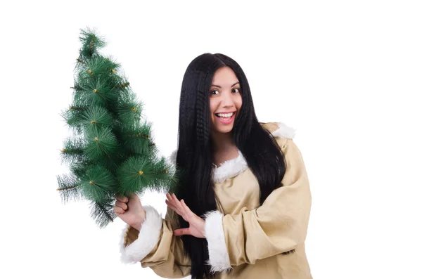 Mulher do Norte com árvore de natal isolada em branco — Fotografia de Stock