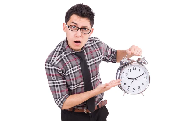 Hombre con reloj tratando de cumplir la fecha límite aislado en blanco — Foto de Stock