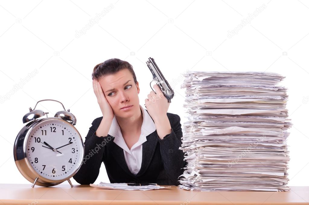 Woman with gun under stress from deadlines