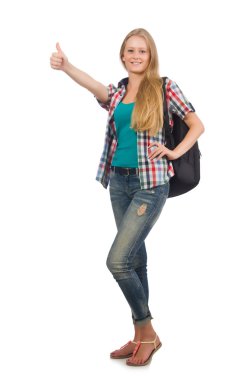 Sırt çantalı genç bir öğrenci beyaza izole edilmiş.