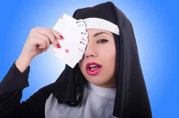 Nun playing cards — Stock Photo, Image
