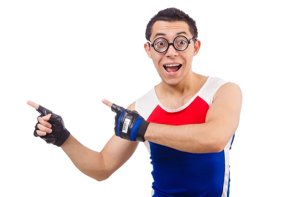 Hombre divertido haciendo ejercicio en blanco — Foto de Stock