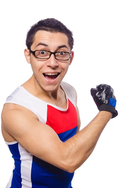 Homme drôle exerçant sur blanc — Photo