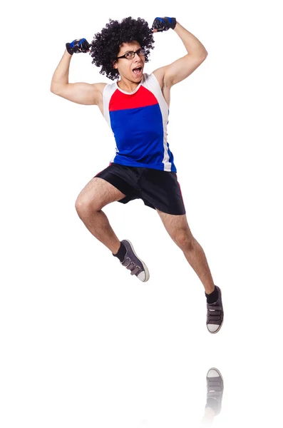 Hombre divertido ejercicio aislado en blanco — Foto de Stock