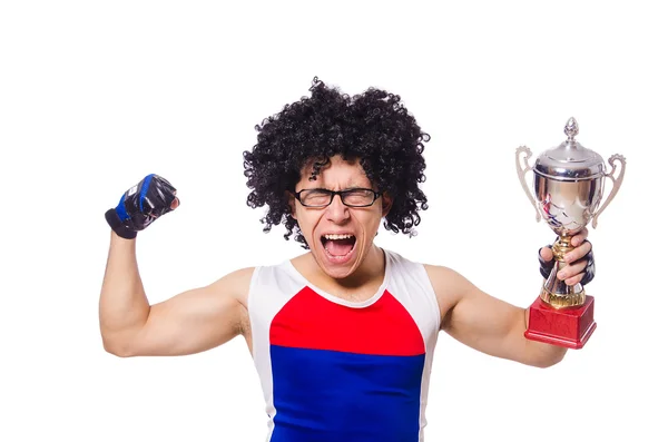 Funny man after winning gold cup isolated on white — Stock Photo, Image