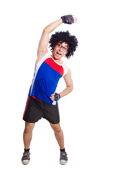 Hombre divertido ejercicio aislado en blanco — Foto de Stock