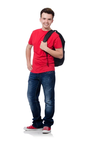 Студент с рюкзаком изолирован на белом — стоковое фото