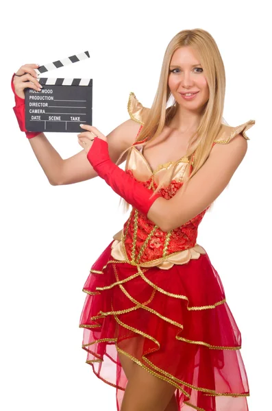 Vrouw in rode jurk met filmbord — Stockfoto