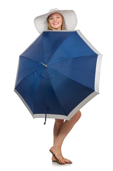 Woman with umbrella isolated on white — Stock Photo, Image