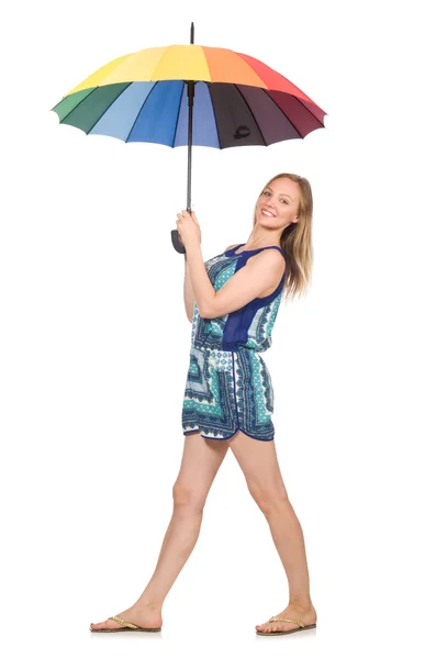 Woman with umbrella isolated on white — Stock Photo, Image