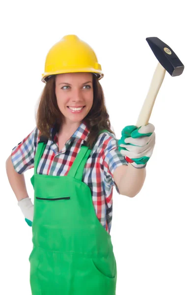 Young woman with hammer on white — Stock Photo, Image