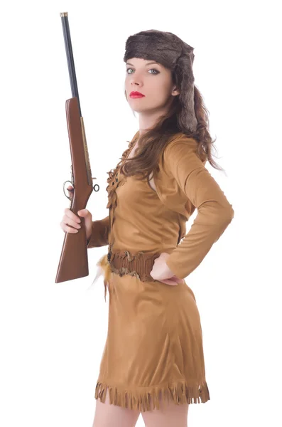 Жінка з пістолетом ізольована на білому — стокове фото