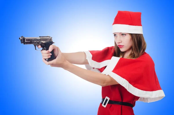 Giovane donna in costume da Babbo Natale rosso su bianco — Foto Stock