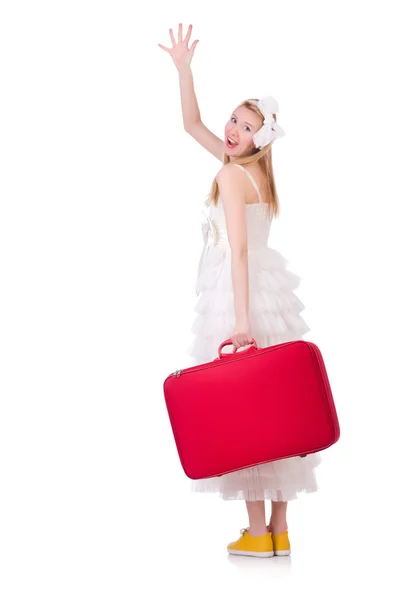 Femme en robe de mariée avec valise — Photo