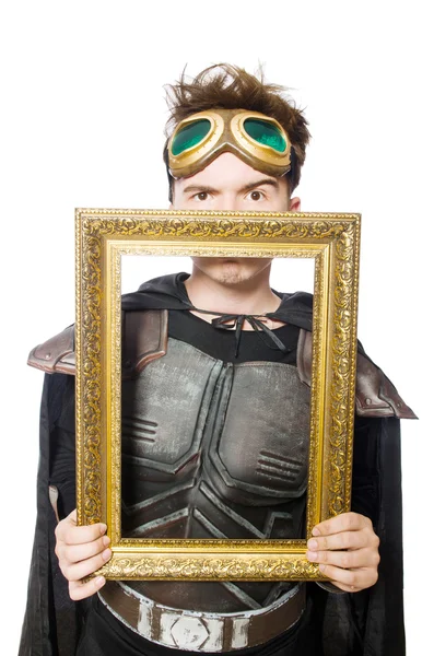 Funny pilot with picture frame isolated on white — Stock Photo, Image