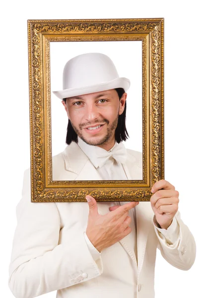 Man in white costume with picture frame — Stock Photo, Image