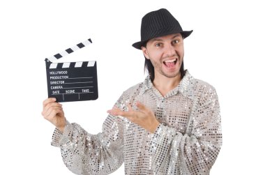 Film alkışları ve şapkası olan adam.