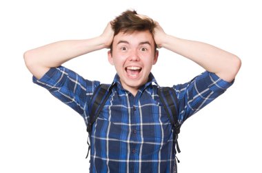 Sırt çantalı adam beyaza izole edilmiş.