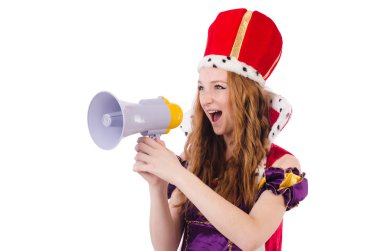 Komik bir hoparlörle konuşan kraliçe iş adamı