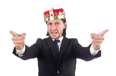 Beyaz üzerine izole komik konsept kral iş adamı