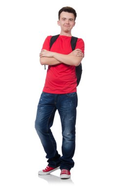 Sırt çantalı öğrenci beyaza izole edilmiş.