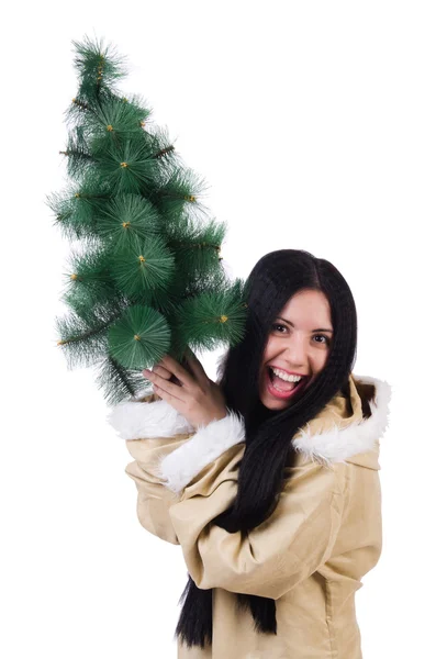 Nordfrau mit Weihnachtsbaum — Stockfoto