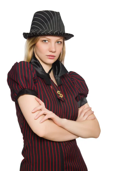 Als Gangster verkleidete Frau isoliert auf Weiß — Stockfoto