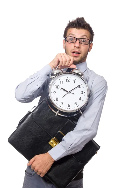 Homem com relógio tentando cumprir o prazo — Fotografia de Stock