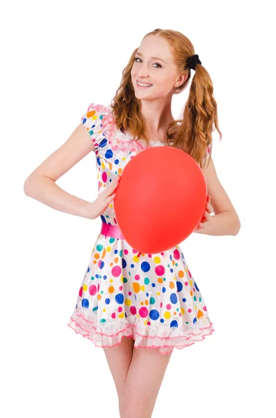 Young woman with red balloon isolated on white — Stock Photo, Image