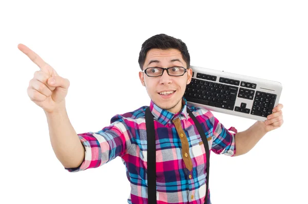 Computer nerd with keyboard isolated on white — Stock Photo, Image