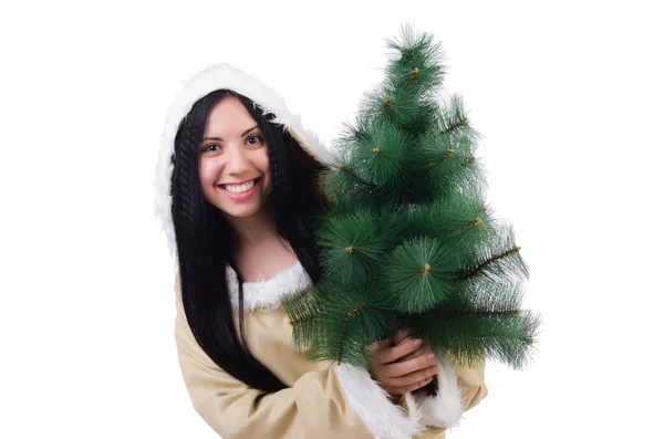 North vrouw met kerstboom op wit wordt geïsoleerd — Stockfoto