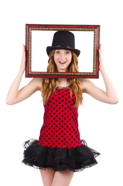 Menina bonita em vermelho polka dot vestido com moldura — Fotografia de Stock