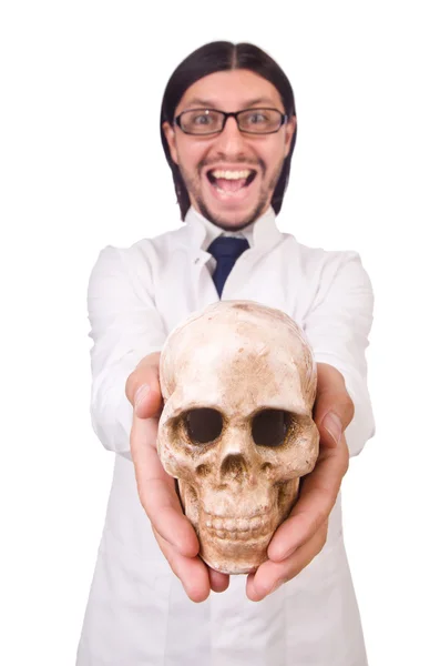 Lustiger Lehrer mit Skelett — Stockfoto