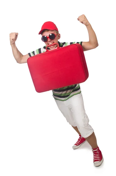 Uomo divertente con valigia — Foto Stock