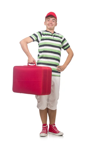 Homme drôle avec valise isolée sur blanc — Photo